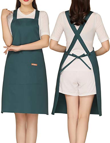 100% Cotton Cross Back Apron for Women with 2 Pockets (#0 Adjustable Dark Green Cross-back)