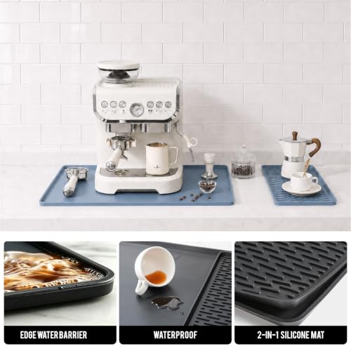 2 In 1 Silicone Coffee Bar Mat Accessories for espresso Machine with Detachable Dish Drying Mat Rack Stone Heat Resistant Kitchen Office Home Essentials Barista Items Women Birthday Gifts (Blue / 16" x 16")