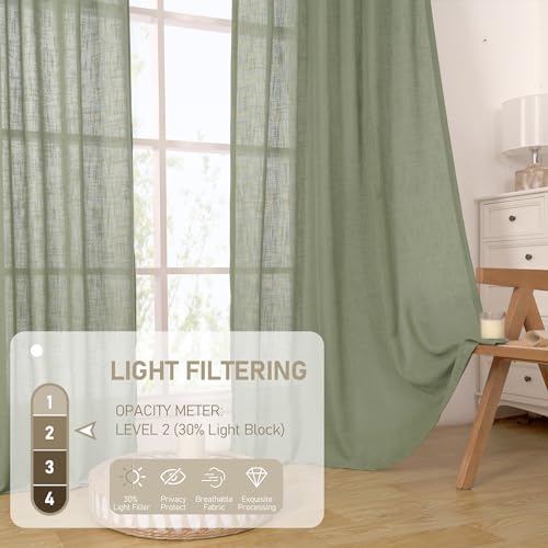 Living Room Linen Sheer Curtains 90 Inches Long for Bedroom (52"W x 90"L (Pack of 2) / Sage Green)
