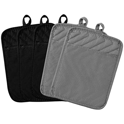5Pack Pot Holders for Kitchen Heat Resistant Cotton Potholder Multipurpose Hot Pad Machine Washable Oven Mitts with Pocket Potholders for Baking and Cooking 8.9 x 6.9 in Gray Black (Black&gray)