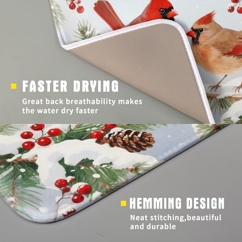 Winter Cardinal Bird Dish Drying Mat for Kitchen Counter 16x18 Christmas Snow Scene Theme Seasonal Absorbent Reversible Microfiber Drying Mats Kitchen Countertop Protector Dishes Drainer Pad (16" x 18")