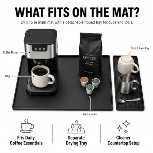 Silicone Coffee Mat with Removable Tray for Coffee Bar Organizer (Classic Black)