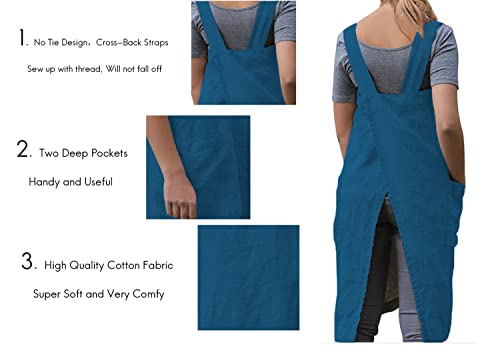 Cotton Linen Apron Blend Dress with Big Pockets for Women Square Pinafore Dress for Baking Cooking BBQ & Grill (Lake Blue / Small)