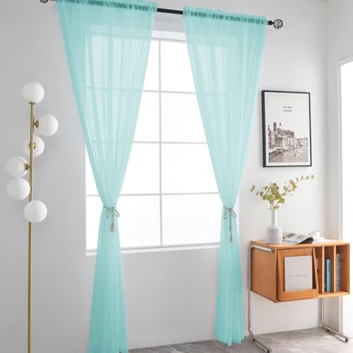 Basic Rod Pocket Sheer Voile Window Curtain Panels Sky Blue 1 Pair 2 Panels 52 Width 54 Inch Long for Kitchen Bedroom Children Living Room Yard（Sky Blue (Sky Blue / 52"W x 54"L (Pack of 2))