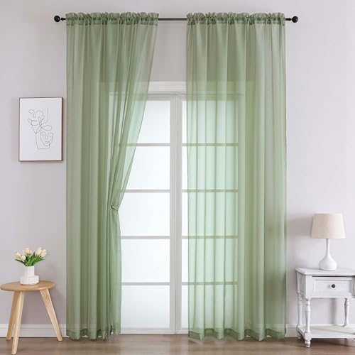 Sheer Green Curtains for Bedroom Living Room 90 Inches Long 2 Panels Set (Sage Green / 59"W x 90"L (Pack of 2))