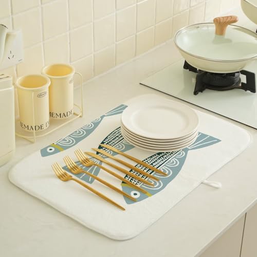 Coastal Dish Drying Mat 18 x 24 inch Beach Blue Fish Print Decorative Drying Mats Microfiber Absorbent Ocean Dish Washable Draining Mat for Kitchen Counter Decor (18" x 24" / Fish)