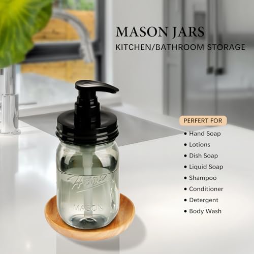 Plastic Mason Jar Soap Dispenser with Pump Lid 16OZ (Black Jar + Black Pump)