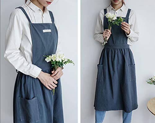Women Girls Vintage Apron Adjustable Gardening Works Cross Back Cotton (Greengrey / Large)
