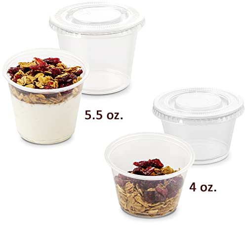 Plastic Portion Cups with Lids 4 oz. & 5.5oz. Combo Pack of 150 Leakproof Jello Cup Mini Containers for Salad Dressing Sauce Condiment Snack Souffle and Salsa (150 sets - 4oz. & 5.5oz.)