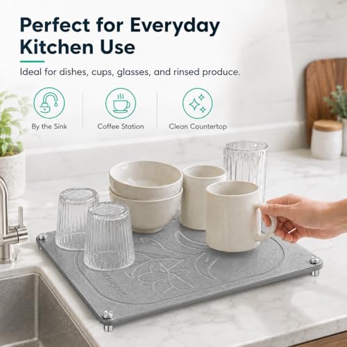 Stone Drying Mat For Kitchen Counter Superb Absorbent Diatomaceous Earth Mats with Non (Floral-MediumGray / 15.7" x 11.8")