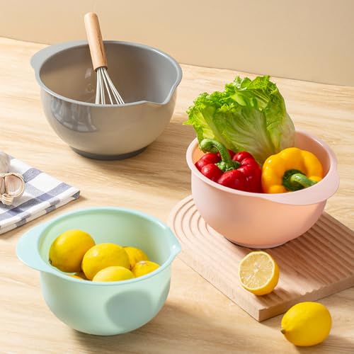Set of 3 Mixing Bowls with Pour Spout (Green Pink Grey)