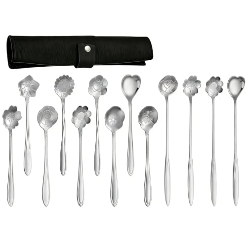 12 Pcs Flower Coffee Tea Spoons Set with Storage Bag (Silver)