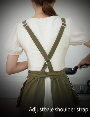 Kitchen Aprons for Women with Pockets Cute Floral Chef Pinafore Apron for Gardening Cooking Baking Painting (Army Green)