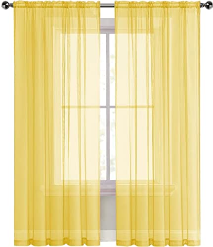 Sheer Voile Window Treatment Rod Pocket Curtain Panels for Kitchen Bedroom Living Room Drapes Sunlight Filtering Privacy Semi Home Decor Assorted Colors Sizes (Yellow / 52"W x 45"L (Pack of 2))