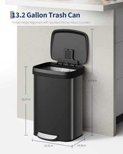 13 gal 50 L Metal Trash Can with Lid (Black / 13.2 Gallons)