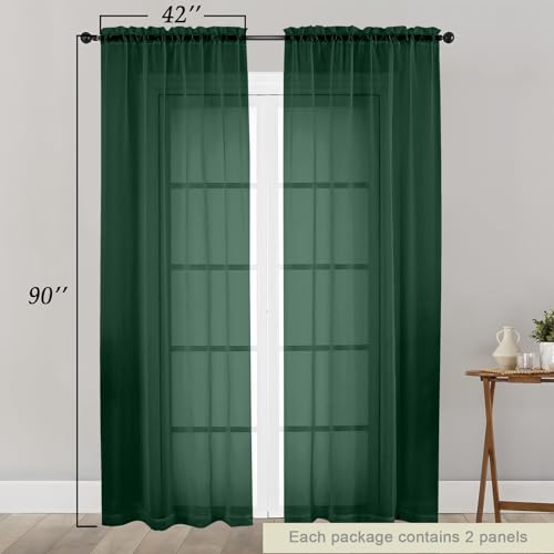 Sheer Hunter Green Curtains for Bedroom Living Room 90 Inches Long 2 Panels Set (Hunter Green / 42"W x 90"L (Pack of 2))