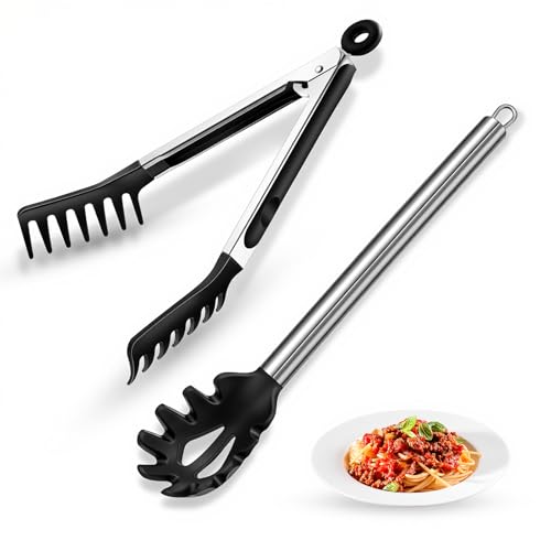 Spaghetti Spoon and Pasta Tong with Grip Teeth and Drain Holes (Black)