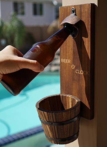 Beer O’ Clock” Rustic Wall Mounted Bottle Opener and Catcher