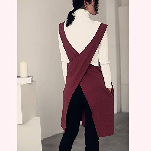 Soft Cotton Linen Apron Solid Color Halter Cross Bandage Aprons Japan Japanese Style X Shape Kitchen Cooking Clothes Gift for Women Chef Housewarming (Dark Red)