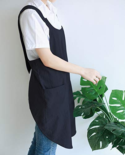 Japanese Linen Cross Back Kitchen Cooking Aprons for Men with Pockets for Baking Painting Gardening Cleaning Black (04 - Women's Black)