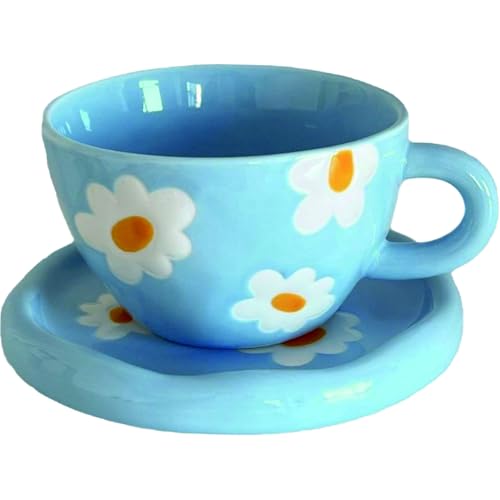 Coffee Mugs Set with Saucer Blue Flowers Cup Gifts for Women Birthday Tea Coffee Mug with Coaster 250 ML Ceramic Cup Birthday Gift for Women Girls Mom Friend Coffee Mug aucer Set (#A Blue Flowers Coffee Mug Set with Saucer)