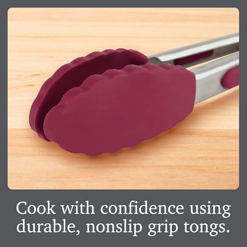 Stainless Steel Tongs with Silicone Tip Set 9" 12" with Easy Lock Mechanism for Grilling Air Fryer Cooking Serving Salad (Black & Sangria / 9" & 12 / Set of 2)