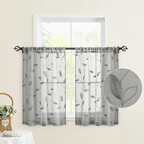 Grey Kitchen Sheer Tier Curtains Leaf Embroidered (30"W x 36"L (Pack of 2) / 3-grey)