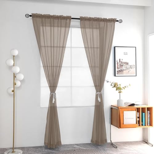 Solid Sheer Rod Pocket Curtain Voile Draperies 2 Panels White Beige Black Grey Ivory 52 Inch Width 45 Inch Long 1 Pair for Kitchen Bedroom Children Living Room Yard (Taupe / 52"W x 45"L (Pack of 2))