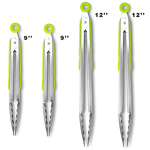 304 Stainless Steel Locking Kitchen Tongs (9" & 9" & 12" & 12" / Green)