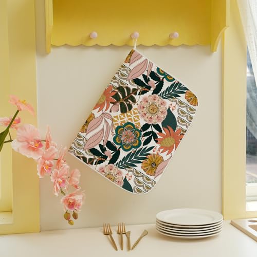 Boho Dish Drying Mat 18 x 24 Inch Pink Green Floral Drying Mat for Kitchen Counter Absorbent Bohemian Tropicla Leaves Spring Summer Dishes Dry Pad for Drainer Rack Kitchen Fast Dry (Boho Pink Green Floral / 18" x 18")