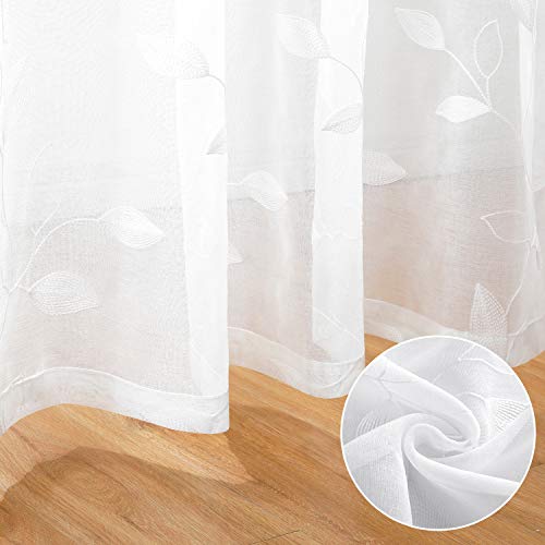 White Sheer Kitchen Curtains 52 x 54 Inch Length 2 Panels Embroidered Leaf Pattern Short Curtains for Bedroom Half Small Window Rod Pocket Tiers (52"W x 54"L (Pack of 2) / 4-white)