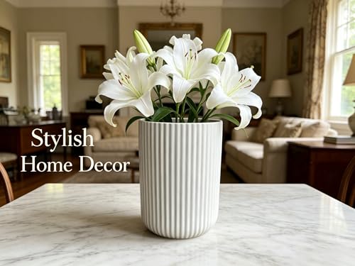 Large Stoneware Kitchen Utensil Holder for Kitchen Counter & Countertop Cooking Utensil Holder Spatula Holder Utensil Crock for Kitchen Counter Vertical Ribbed Fluted Stripe (Matte White)