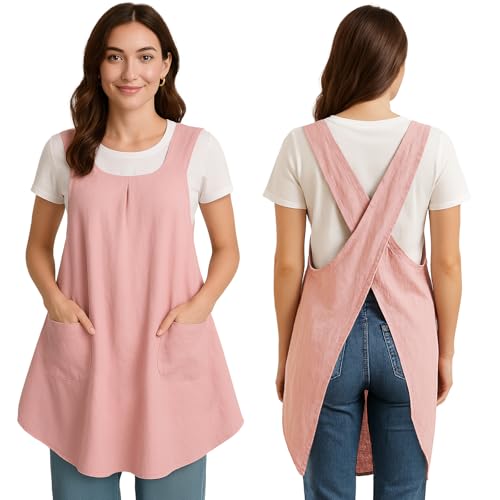 Apron for Women with Pocket Cotton Linen (Pink)