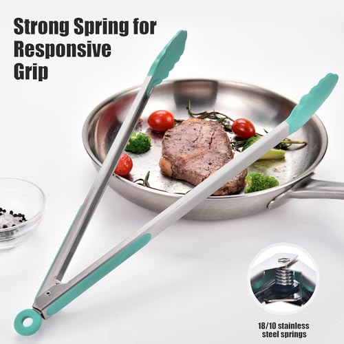 Kitchen Tongs with Silicone Tips for Cooking Serving (16in / Aqua Sky)