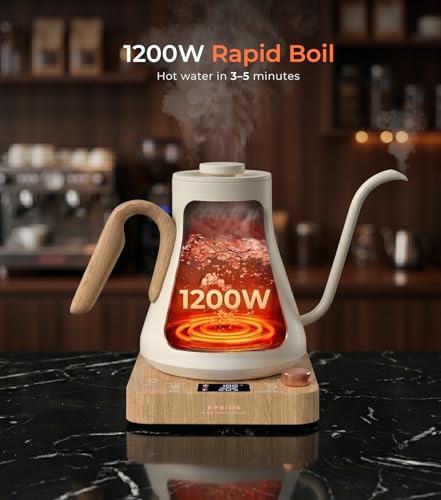 Gooseneck Electric Kettle ±1°F Temp Control (Cream White Walnut)