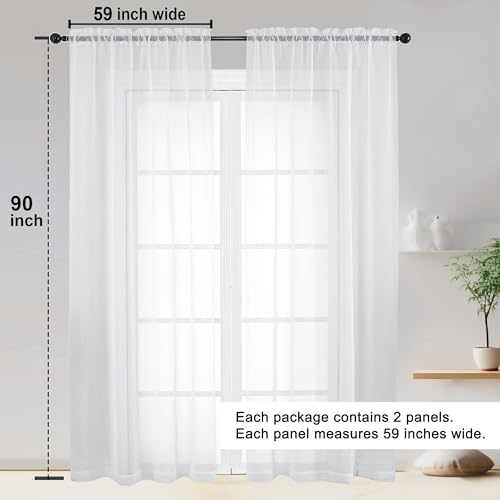 White Sheer Curtains 90 Inch Long 2 Panels for Living Room 59" Wide (White / 59"W x 90"L (Pack of 2))