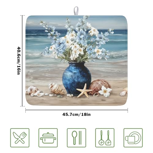 Summer Beach Dish Drying Mat for Kitchen Counter Nautical Coastal Blue Ocean Vase Floral Seashells Microfiber Dish Drainer Mat Absorbent Washable Drying Pad 16"x18" (Summer Beach / 18" x 16")