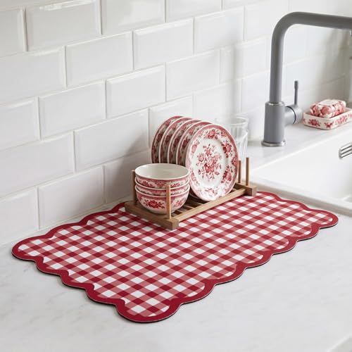 Red Scalloped Gingham Coffee Mat 12" x 20" Absorbent Bar Mat (Red / Gingham)