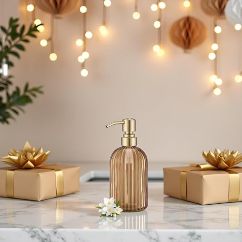 16 OZ Amber Glass Soap Dispenser (Brushed Gold + Amber / 2-Pack)