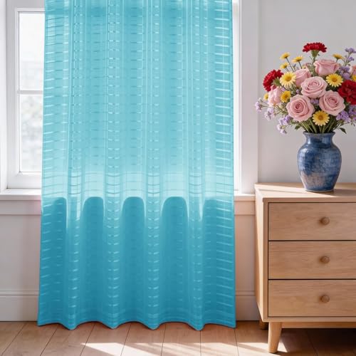 Check Sheer Curtains 96 Inches Long for Living Room (Check - Cyan Blue / 52"W x 96"L (Pack of 2))