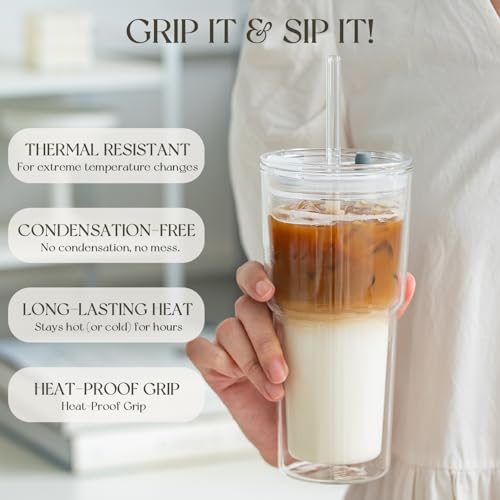 2PCS 20oz Double Wall Glass Tumblers with Lids and Straws
