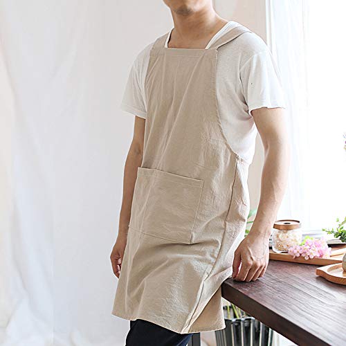 Japanese Linen Cross Back Kitchen Cooking Aprons for Men with Pockets for Baking Painting Gardening Cleaning Khaki (16 - Men's Khaki)