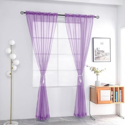 Solid Sheer Rod Pocket Curtain Voile Draperies 2 Panels White Beige Black Grey Coffee 52 Inch Width 63 Inch Long 1 Pair for Kitchen Bedroom Children Living Room Yard (Lavender / 52"W x 63"L (Pack of 2))