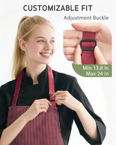 2 Pack Kitchen Apron with 2 Pockets for Women (Stripe Black Red / 2 Polycotton)