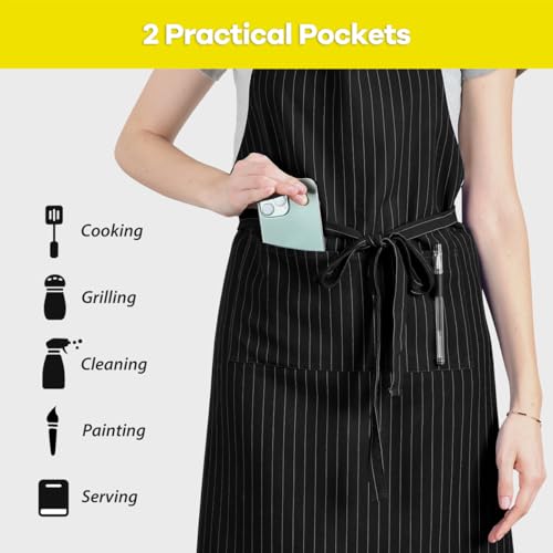 Stripe Stretch Apron Chef Aprons for Men with 2 Pockets Waterproof (Black)
