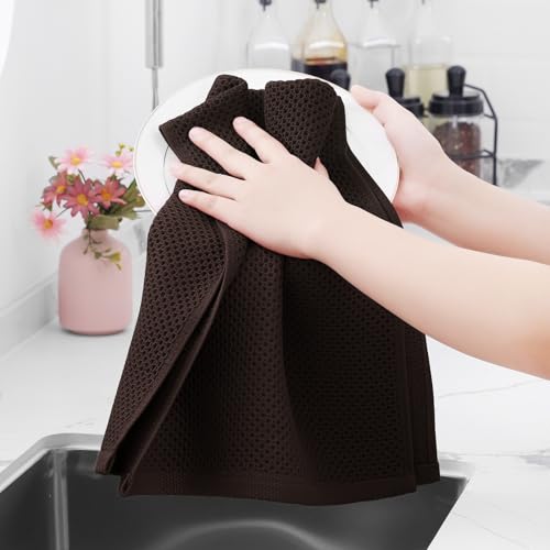 100% Cotton Waffle Weave Kitchen Dish Towels 6 (Dark Brown / 13 X 28 - 6 Pack)