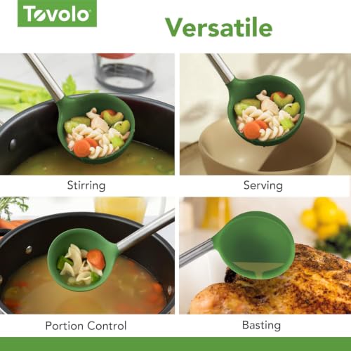 Silicone Ladle With Stainless Steel Handle Deep Soup Ladle for Cooking Canning Serving Soup Punch Stew Sauce (Pesto)