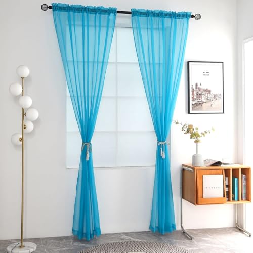 Basic Rod Pocket Sheer Voile Window Curtain Panels Cyan Blue 1 Pair 2 Panels 52 Width 18 Inch Long for Kitchen Bedroom Children Living Room Yard（Cyan Blue (Cyan Blue / 52"W x 18"L (Pack of 2))