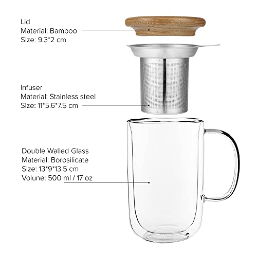 VIVA Minima Double Wall Glass Balance Tea Mug with Mesh Infuser and Wood Lid (Clear Double Wall Glass)
