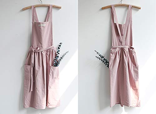Women Girls Vintage Apron Adjustable Gardening Works Cross Back Cotton (Lightpink / Large)